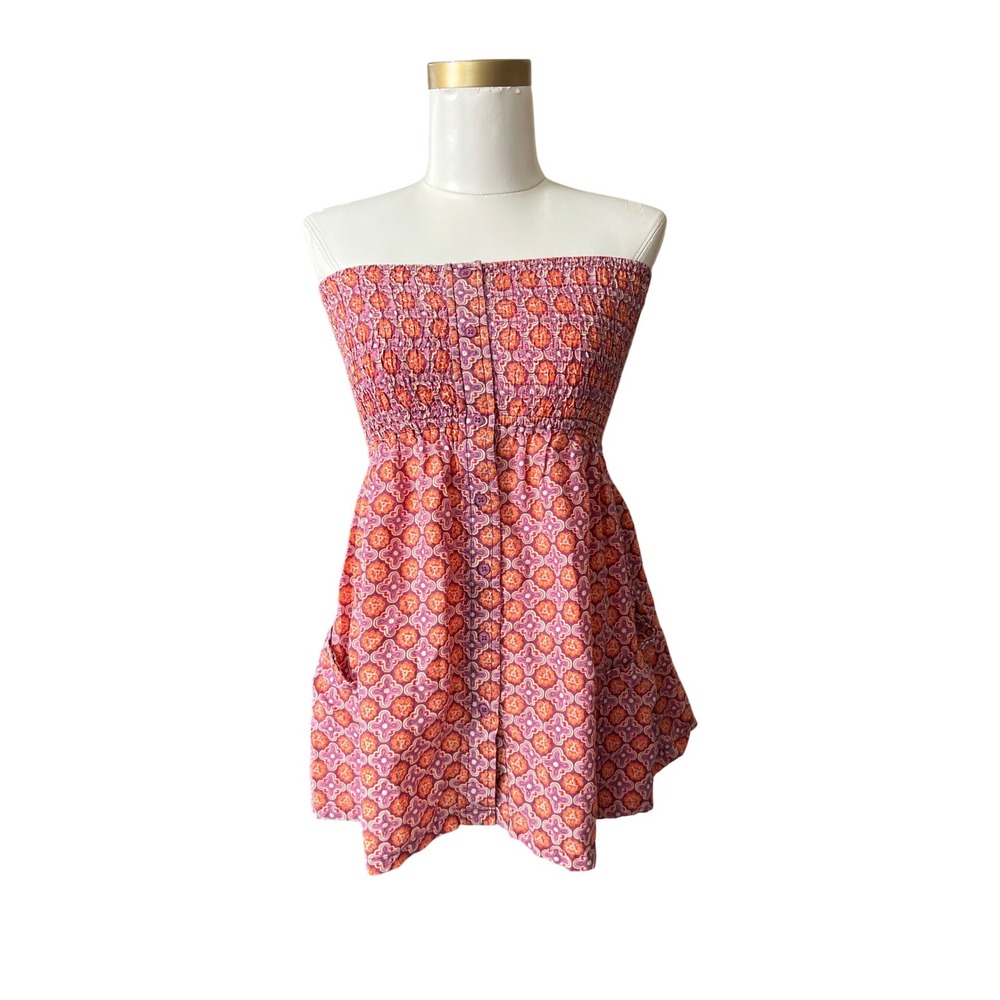 Fire Los Angeles Pink Orange Floral Smocked Strapless Mini top